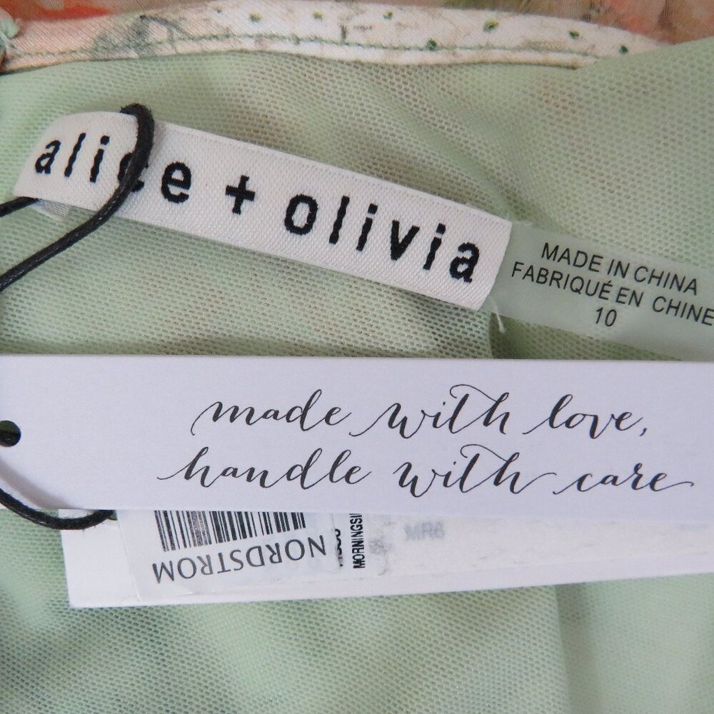 Alice + Olivia Peach Rose Print Scoop-Neck Mini Dress on Mint - Picture 3 of 7